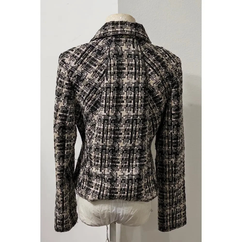 CAbi Womens tweed jacket in black and‎ ivory weave sz M quiet luxury workwear